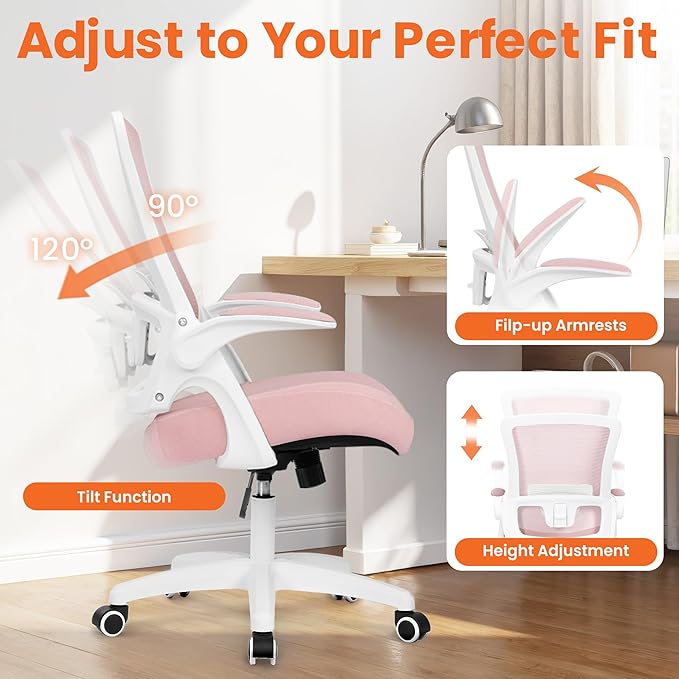 NEO Chair Office Desk Chair Computer High Back Mesh Gaming Seat with Ergonomic Adjustable Comfy Flip-up Armrests Lumbar Support Height for Home (Pink)