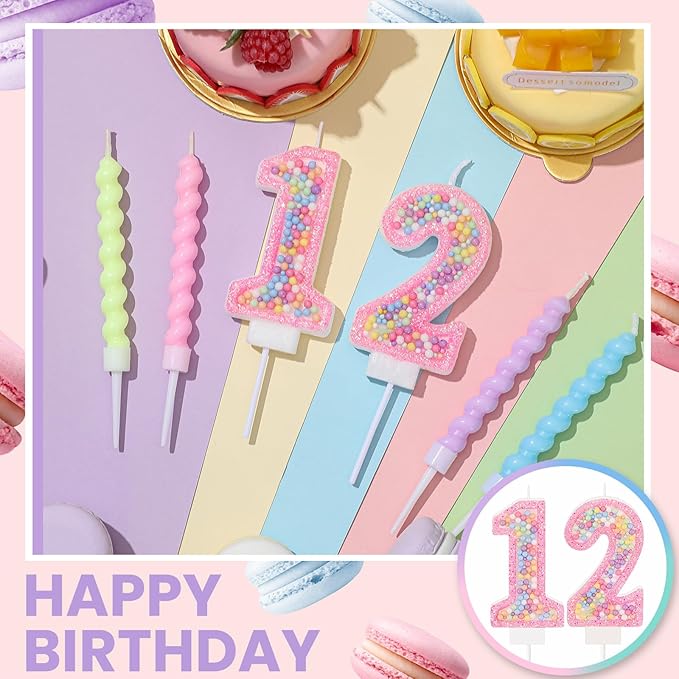 MTLEE Number 12 Birthday Candle with 12 Pcs Spiral Candles for Girls Macaron Pastel Rainbow Unicorn Pink Cake Topper for Sweet Theme Party Decoration