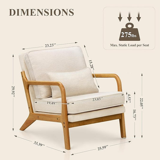 Mid-Century Accent Chair Set of 2 with Solid Wood Frame, Reading Relaxing Armchair Lumbar Pillow& Soft Cushion, Leisure Chair for Living Room, Bedroom, Waiting Room-Beige