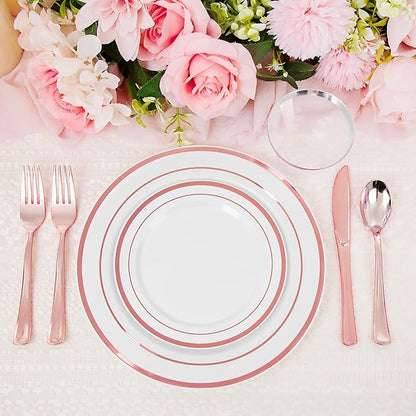 WELLIFE 300 PCS Rose Gold Dinnerware Set for 50 Guests, Valentine's Day Plate, 50 Dinner & Salad Plates,Cups, Forks Knives Spoons for Wedding Reception and Mothers Day Plates
