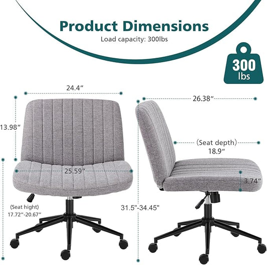 OLIXIS Criss Cross Chair with Wheels Wide Cross Legged Office Desk Vanity Chair Comfy Fabric Armless Adjustable Swivel for Home Computer Task Gray