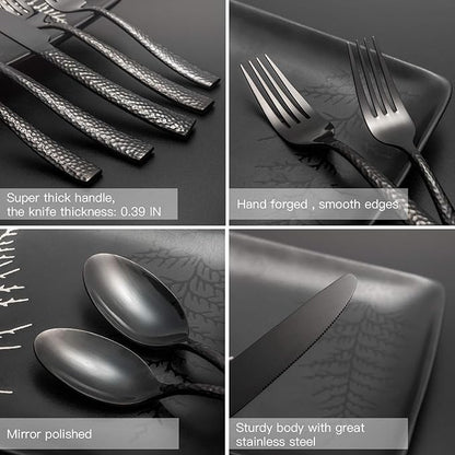 Silverware 65-Piece Black Hammered Flatware Set with Serving Utensils Stainless Steel Thick Handle Mirror Polished Cutlery Set for Wedding Hotel Restaurant, Service for 12