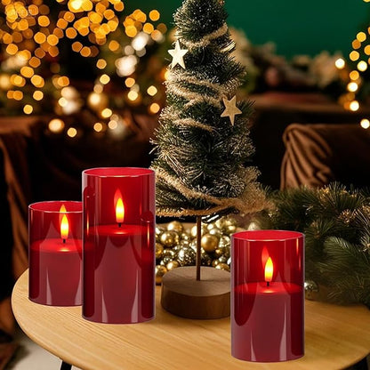 GenSwin Glass Flameless Candles with Remote Battery Operated Flickering LED Pillar Candles Real Wax 3D Wick for Wedding Festival Home Decoration(Red,Pack of 3)