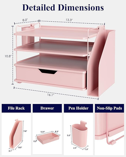Kitsure Desk Organizer - 4-Tier Office Desk Accessories with Drawer ＆ Pen Holder, Tool-Free Assembly Organizer with Non-Slip Pads, for Office Supplies Storage, Plastic, 13.3" x 8.0" x 10.8", Pink