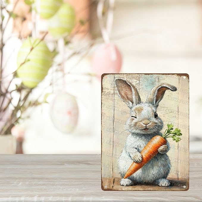Charming Easter Bunny Metal Sign Vintage Bunny Carrots Rustic Farmhouse Wall Art For Spring Home Decor Living Room Bedroom Kitchen 12x16Inch