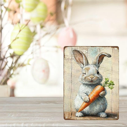 Charming Easter Bunny Metal Sign Vintage Bunny Carrots Rustic Farmhouse Wall Art For Spring Home Decor Living Room Bedroom Kitchen 12x16Inch