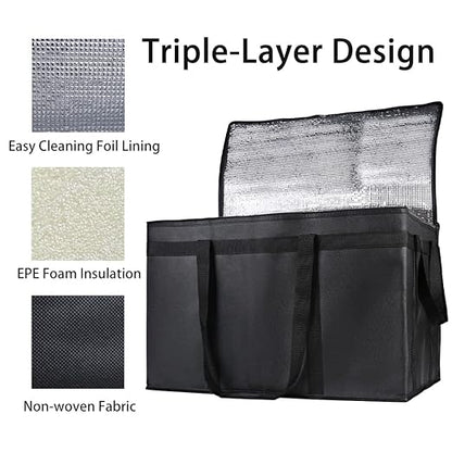 Bodaon 1PK Thermal Insulated Food Delivery Bag with Hard Bottom - 3X-Large Catering Cooler Bag for Hot and Cold Meals - Ideal for Commercial Pizza Transport, Grocery, Restaurants, and Events. Black