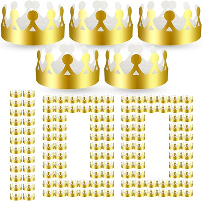 Crtiin 100 Pcs Gold Paper Crowns Birthday Party Bulk for Adults Classroom Students Hat Supplies Favors (Cute Style)