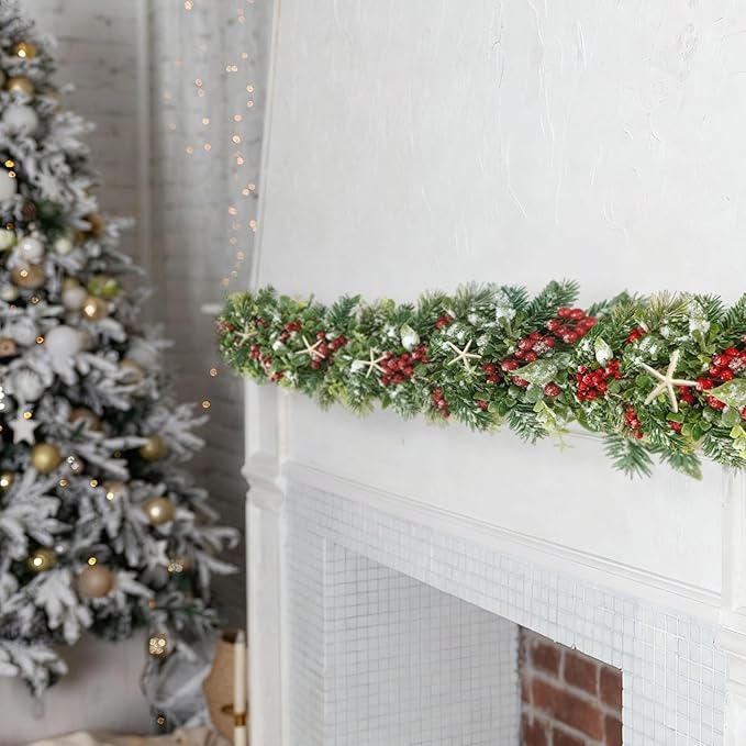 6 Feet Natural Starfish Christmas Garland for Mantle Sea Star Fish Artificial Garland with Lamb's Ear Leaves Pinecone Red Berries for Home Kitchen Cabinet Christmas Tree Farmhouse Porch Fireplace