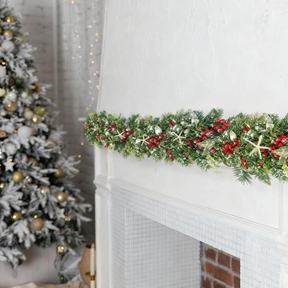 6 Feet Natural Starfish Christmas Garland for Mantle Sea Star Fish Artificial Garland with Lamb's Ear Leaves Pinecone Red Berries for Home Kitchen Cabinet Christmas Tree Farmhouse Porch Fireplace