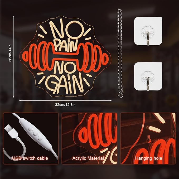 Lucunstar No Pain No Gain Neon Sign Dumbbell for Gym Decor Red Barbell Neon Open Sign for Business Neon Lights Fitness Club Sign Gym Fitness Studio Decoration