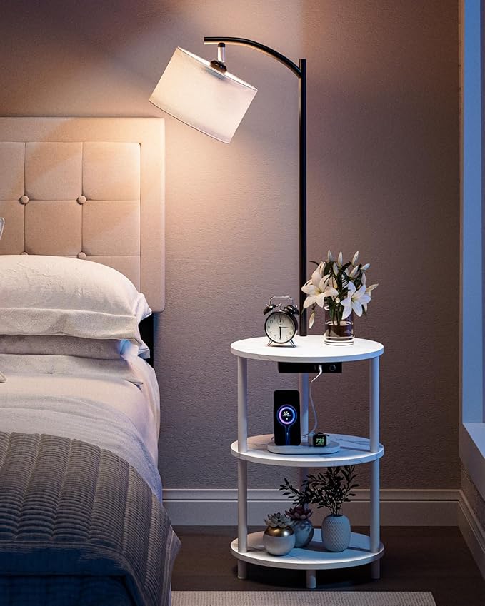Round Side Table with Lamp and USB Ports, 3-Tier Small End Table for Living Room & Bedroom, Rustic Wood Metal Nightstand for Small Spaces, Easy to Assemble, Marble White