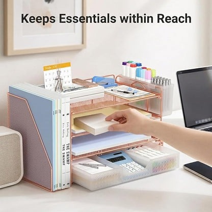 Desk Organizer, 4-Tier Paper Organizer Letter Tray with File Holder, Drawer and 2 Pen Holders, Desktop File Organizer for Office Supplies, Workspace Storage, Rose Gold