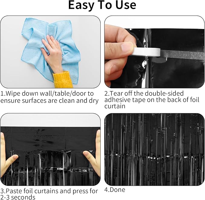 Thicken Black Streamers 4 Pack 3.2 x 8.2 FT, Black Tinsel Backdrop Curtains, Foil Fringe Photo Backdrop for New Years, Halloween, Retirement, Bachelor Party Decorations, Birthday Decorations for Men