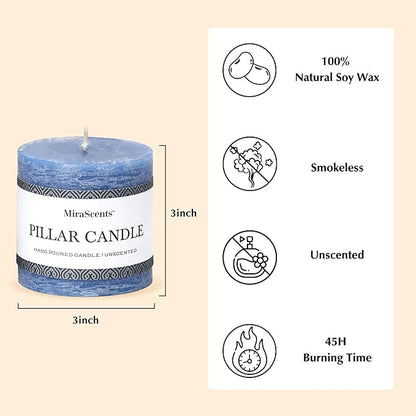 3x3 Inch Blue Pillar Candles Set of 3 - Hand-Poured Unscented Candle, Long Clean Burning, Large Big Candles, Smokeless Dripless Candle for Dinner Table, Wedding, Home, Bathroom, Rustic Decor