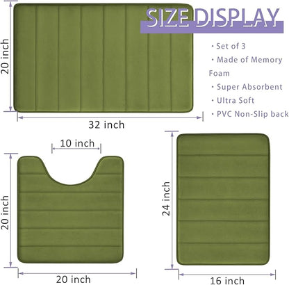 Sage Green Bathroom Rugs Sets 3 Piece Memory Foam Non Slip Bath Mats for Bathroom Floor and U-Shaped Contour Toilet Rug, Soft Washable Bathrom Sets Mats and Rugs Sets for Toilet Shower Sink