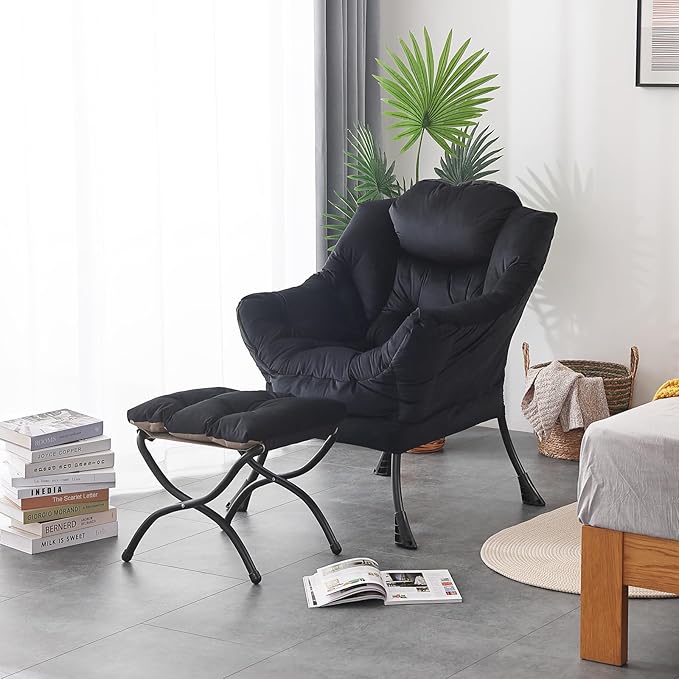 LITA Lazy Chair with Ottoman, Modern Accent Leisure Upholstered Sofa Chair, Contemporary Lounge Reading Chairs with Armrests and a Side Pocket for Living Room, Bedroom & Small Space, Black
