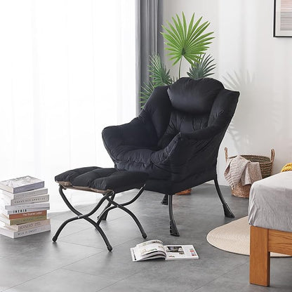LITA Lazy Chair with Ottoman, Modern Accent Leisure Upholstered Sofa Chair, Contemporary Lounge Reading Chairs with Armrests and a Side Pocket for Living Room, Bedroom & Small Space, Black
