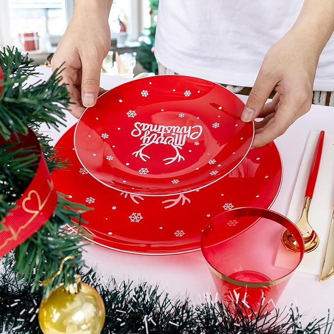 Nervure 175PCS Christmas Plastic Plates - Red and White Disposable Plates & Gold Plastic Silverware with Red Handle include 50 Plates 25Knives 25Forks 25Spoons 25Napkins for Christmas Party