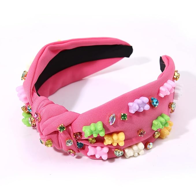Knotted Headband for Women - Crystal Embellished Top Knot Hairband, Statement Wide Turban Hair Hoop, Funny Gifts for Girls, Sister Birthday, Holiday Party (Gummy Bear Knot-Rose Red)