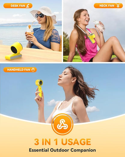 Portable Handheld Turbo Fan, 5-Speed Personal Fans, 5000mAh Rechargeable Fans Up to 12 Hours, Weight only 0.6lb Small Fan, Hand/Neck/Desk Fan 3 IN 1, Beach Vacation Essentials(Yellow)