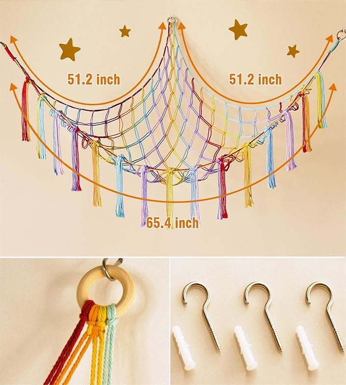 Stuffed Animal Hammock Corner Storage Net Cute Preppy Trendy Stuff Gifts for Teen Girls Baby Room Wall Nursery Decor Rainbow Color Colorful Unicorn Hanging Organizers XL Large