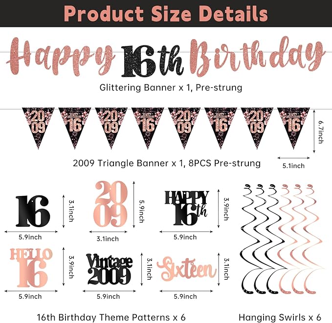 16th Birthday Decorations for Girls, Black Rose Gold Happy 16th Birthday Banner Vintage 2009 Hello 16 Decorations Kit Hanging Swirls Sixteen Year old Bday Party Supplies
