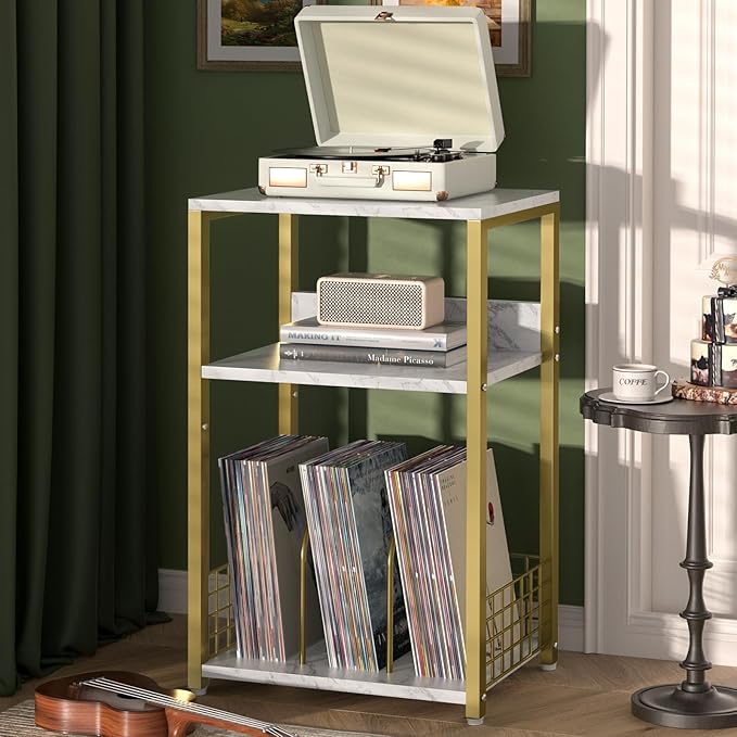 LELELINKY Large White Marble Record Player Stand with Golden Metal Frame, 3 Tier 18" Wide Big End Table with Vinyl Storage Up to 130 Albums, Industrial Turntable Printer Tables for Living Room, Office