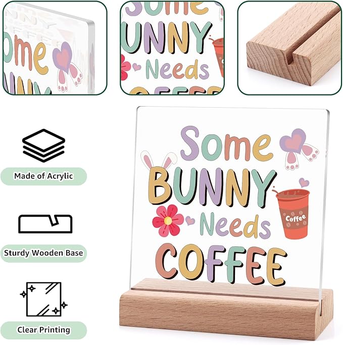 Easter Decor Funny Bunny Acrylic Plaque with Wooden Stand Coffee Bar Decor Easter Sign Coffee Lovers Decorations for Home Kitchen Clear Desk Decorative Sign for Office Coworker Friends Christmas