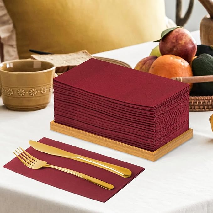 KAMMAK Burgundy Napkins Disposbale Wine Red Cloth like Paper Dinner Napkins with Pocket 100 Pack Guest Hand Towel for Party Decoration, Wedding Reception, Bathroon, Restaurant (16.5 x 16.5 inch)