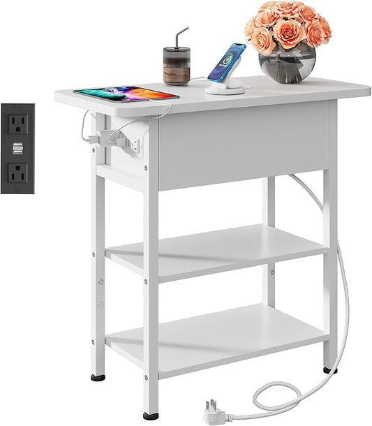 WLIVE End Table with Charging Station, Flip Top Side Table with Storage Shelf, Sofa Couch Table with USB Ports and Outlets, Narrow Bedside Table for Living Room, Bedroom ,11.81"D x 23.62"W x 24.33"H