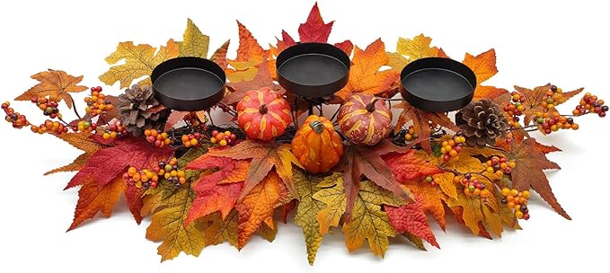 Thanksgiving Centerpiece Fall Table Decorations, Artificial Gourd, Pumpkins, Pine Cones, Maple Leaves and Berries Harvest Table Candle Holder for Dinning Table, Fireplace Mantel (Candle Not Included)