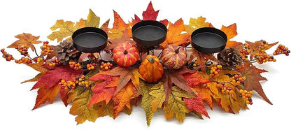 Thanksgiving Centerpiece Fall Table Decorations, Artificial Gourd, Pumpkins, Pine Cones, Maple Leaves and Berries Harvest Table Candle Holder for Dinning Table, Fireplace Mantel (Candle Not Included)