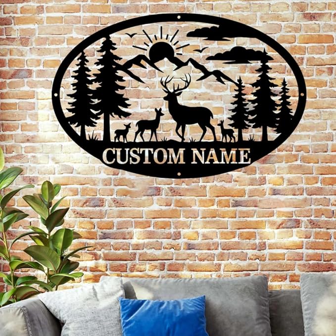 Personalized Deer Metal Sign, Custom Hunting Antler Wall Art Black Steel Plaque for Outdoor Christmas Decorations, Unique Birthday Gift for Men & Wildlife LoversLodge, Farmhouse