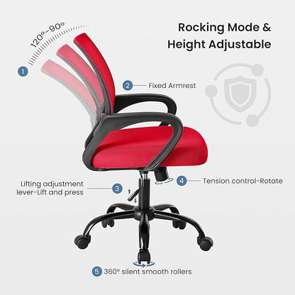 DUMOS Home Office Chair - Ergonomic Mid Back Mesh Desk Chair with Lumbar Support & Rocking Mode, Height Adjustable with Fixed Armrest, for Computer, Gaming, Meeting, 360° Swivel, Red