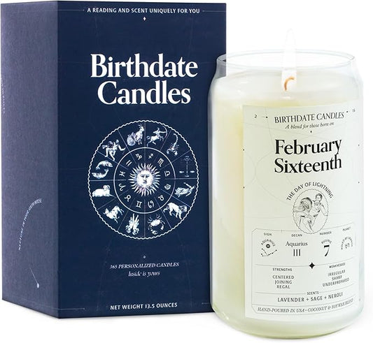 Birthdate Candles, February 16 - Aquarius Zodiac Scented Candles Birthday Gift - Lavender, Sage & Neroli Scent - All-Natural Soy & Coconut Wax, 60-80 Hour Burn Time - Made in USA