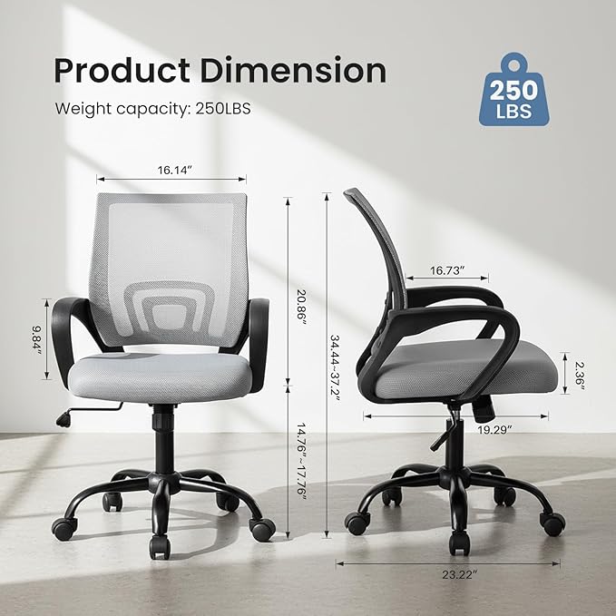 DUMOS Home Office Chair - Ergonomic Mid Back Mesh Desk Chair with Lumbar Support & Rocking Mode, Height Adjustable with Fixed Armrest, for Computer, Gaming, Meeting, Grey, 2 Pack