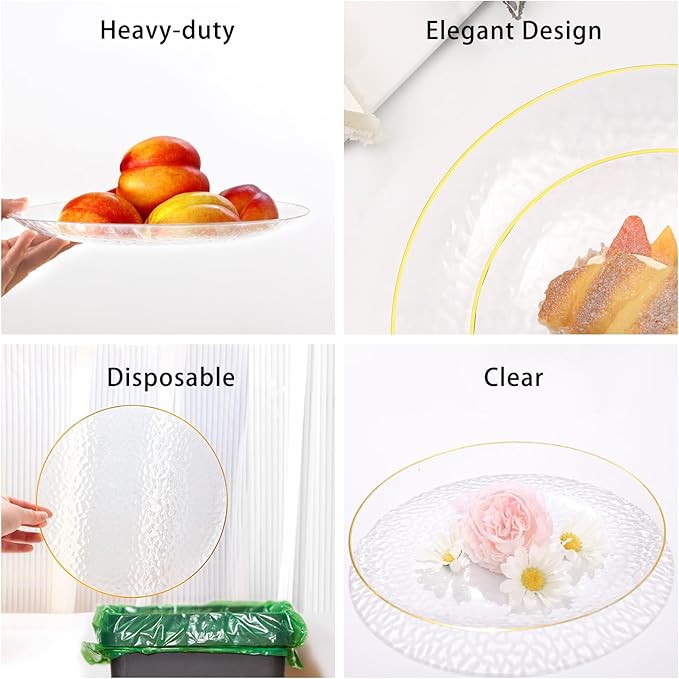 150 Pcs Plastic Dinnerware Set Disposable for 25 Guests - Clear Plates with Gold Trim, Fancy Plastic Plates for Party Wedding Birthday Christmas
