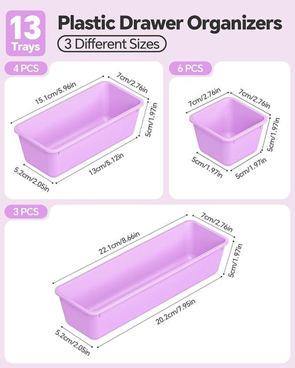13 Pack Plastic Drawer Organizers Set, 3 Sizes Desk Drawer Organizer Trays for Vanity and Makeup Organizer, Organization and Storage for Makeup, Kitchen Utensils, Bathroom and Office(Purple)