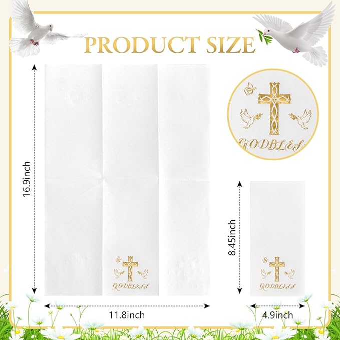 50 Pack Cross Paper Napkins - Baptism Napkins Disposable - Gold Cloth-Like Feel Dinner Paper - Heavy Duty Hand Towels for Religious Party, Confirmation, Christening, First Communion