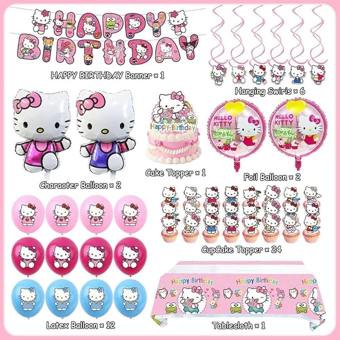 49Pcs - Kitty Birthday Party Decorations Set, Pink Theme with Banner, Balloons, Tablecloth, Cake Toppers..。