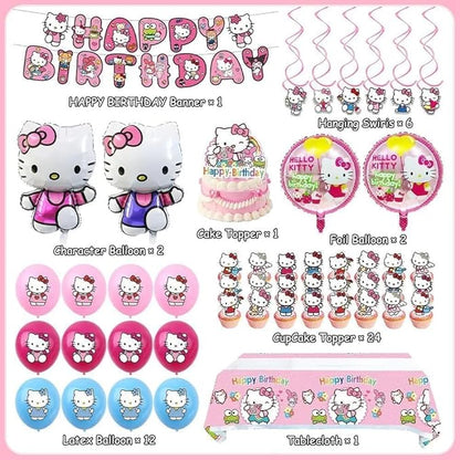49Pcs - Kitty Birthday Party Decorations Set, Pink Theme with Banner, Balloons, Tablecloth, Cake Toppers..。