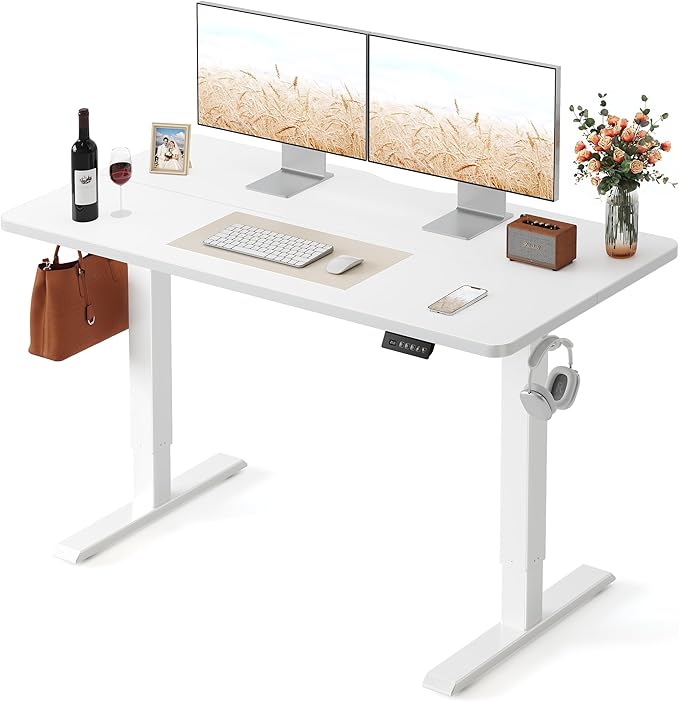 FEZIBO 55 x 24 Inchs Electric Standing Desk, Height Adjustable, Sit Stand Up, Computer Office Desk with Splice Board, White Frame/White Top