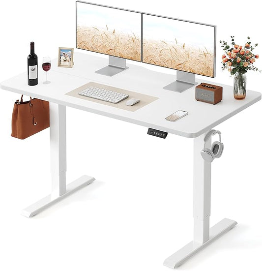 FEZIBO 55 x 24 Inchs Electric Standing Desk, Height Adjustable, Sit Stand Up, Computer Office Desk with Splice Board, White Frame/White Top