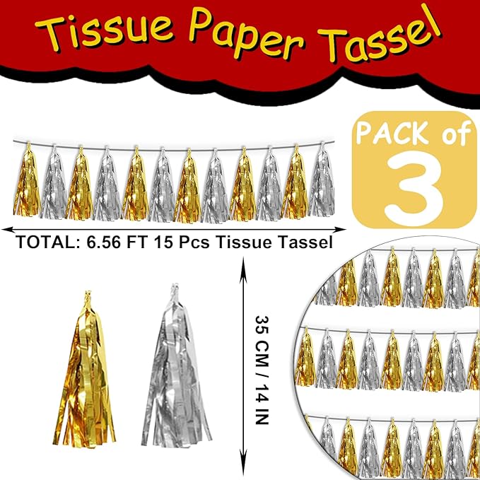 3P Gold Silver Tassel Banner Garland Metallic Foil Fringe Banner Tinsel Tassels Streamer Banner Backdrop for Parade Floats, Graduation Decorations, Father' Day, Halloween, Christmas Decorations