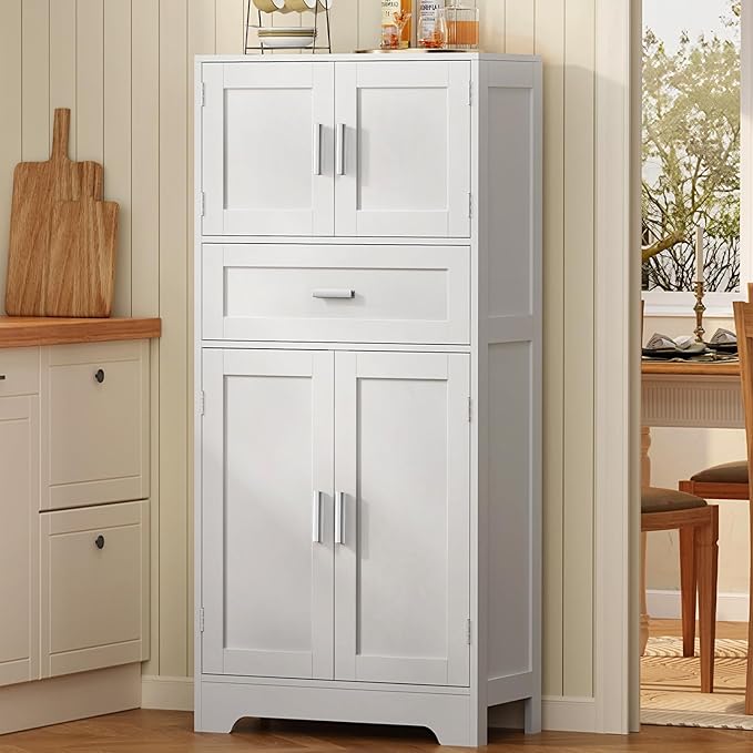 TEENFON Bathroom Storage Cabinet with Adjustable Shelf & Large Drawer, Tall Storage Cabinet with 4 Doors, Kitchen Pantry Storage Cabinets, for Living Room, Dining Room, Home Office, Entryway, White