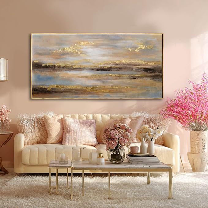 Gold Abstract Wall Art Decor Neutral Canvas Pictures Framed Wall Decor Colorful Art Prints for Living Room Dining Room Bedroom 24x48 Inch