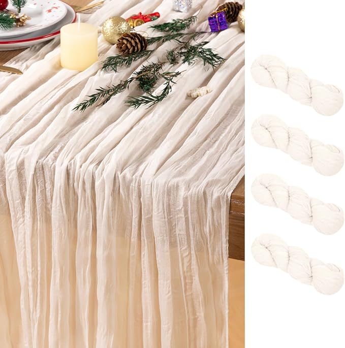 Ivory White Cheesecloth Table Runner 4 Pack Christmas Table Runners Boho Gauze 120 Inches White Cheese Cloth Table Decor for Xmas Holiday Season Parties Weddings Bridal Baby Shower