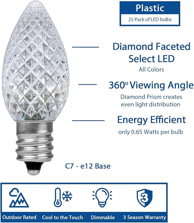 Novelty Lights 20CT Case (500 Bulbs) C7 LED Faceted Ultra Bright Dimmable Outdoor Christmas Light Replacement Bulbs LED Replacement Bulbs, LED Bulbs, String Light Bulbs (Pure White 5500K)