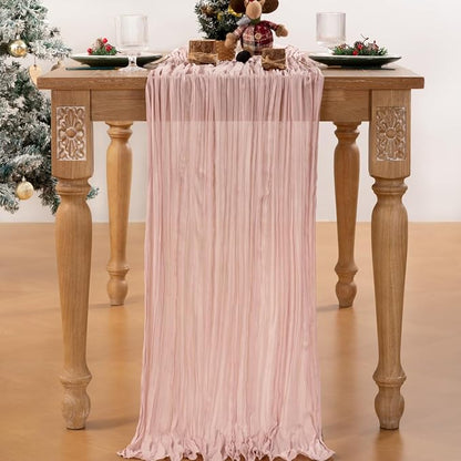 MLMC Pink Table Runner Boho Cheesecloth Table Runner 10ft Rustic Dusty Pink Gauze Cheese Cloth Centerpiece Decor 35x120 Inches for Wedding Bridal Baby Shower Birthday Party Decor